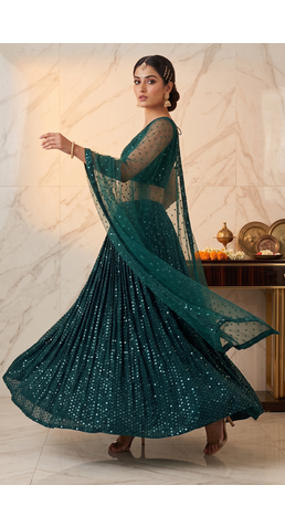 Dark Green Georgette Silk Sequins Work Lehenga Choli with Organza Dupatta 2