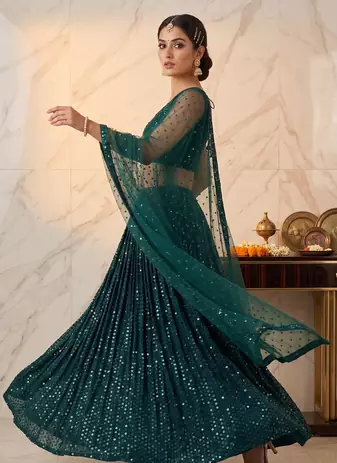 Dark Green Georgette Silk Sequins Work Lehenga Choli with Organza Dupatta