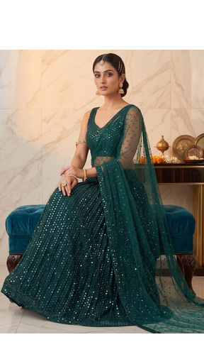 Dark Green Georgette Silk Sequins Work Lehenga Choli with Organza Dupatta 3