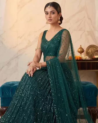 Dark Green Georgette Silk Sequins Work Lehenga Choli with Organza Dupatta