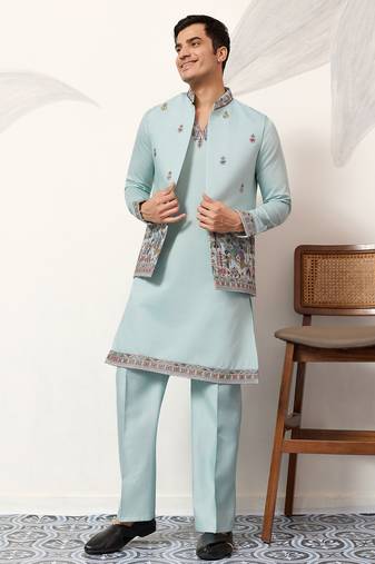 Pistachio viscose silk thread & sequence embroidered work kurta with dupatta