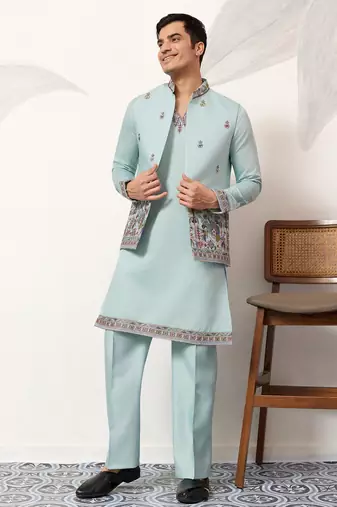 Pistachio viscose silk thread & sequence embroidered work kurta with dupatta