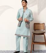 Pistachio viscose silk thread & sequence embroidered work kurta with dupatta