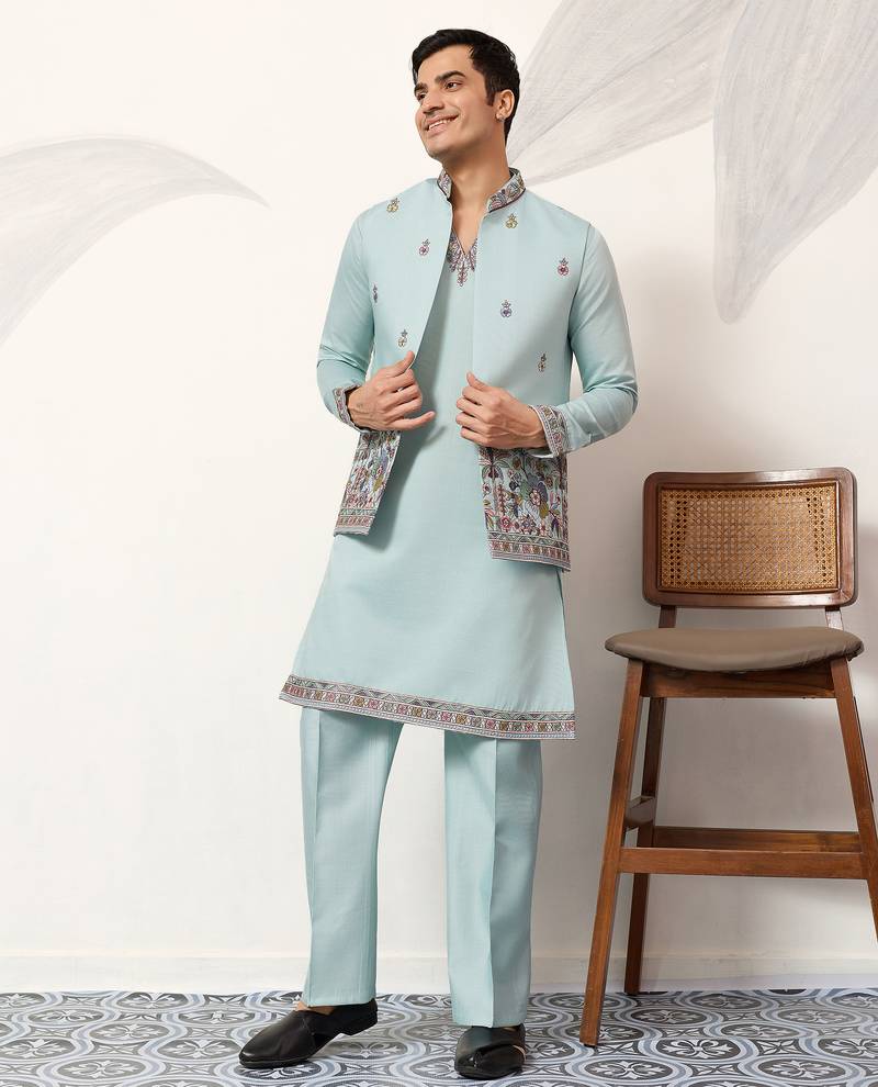 Pistachio viscose silk thread & sequence embroidered work kurta with dupatta