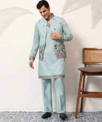 Pistachio viscose silk thread & sequence embroidered work kurta with dupatta 2