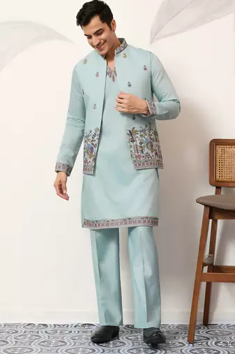 Pistachio viscose silk thread & sequence embroidered work kurta with dupatta