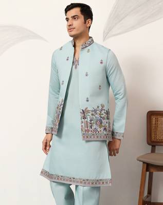 Pistachio viscose silk thread & sequence embroidered work kurta with dupatta 3