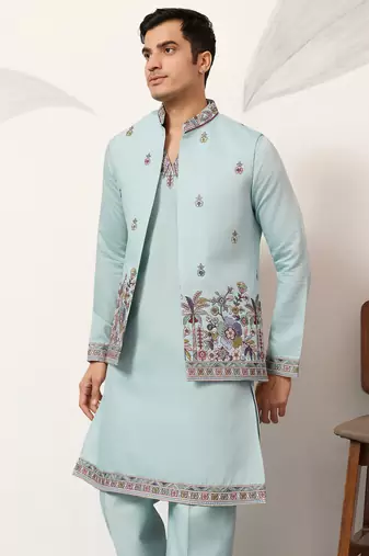 Pistachio viscose silk thread & sequence embroidered work kurta with dupatta