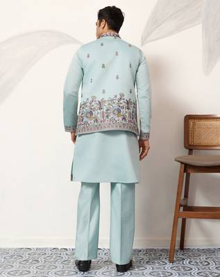 Pistachio viscose silk thread & sequence embroidered work kurta with dupatta 4