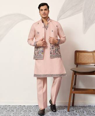 Peach viscose silk thread & sequence embroidered work kurta with dupatta 1