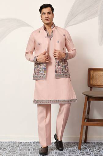 Peach viscose silk thread & sequence embroidered work kurta with dupatta