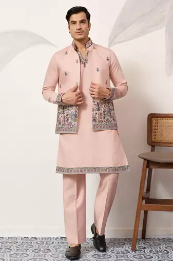 Peach viscose silk thread & sequence embroidered work kurta with dupatta