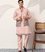 Peach viscose silk thread & sequence embroidered work kurta with dupatta