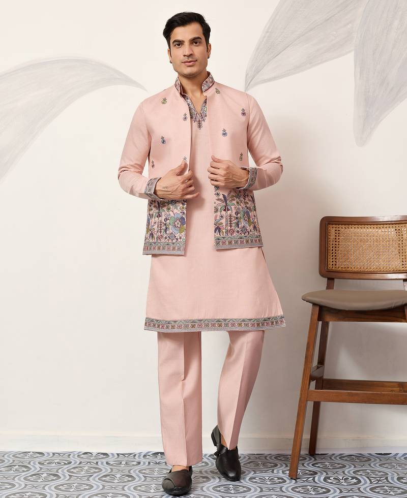 Peach viscose silk thread & sequence embroidered work kurta with dupatta