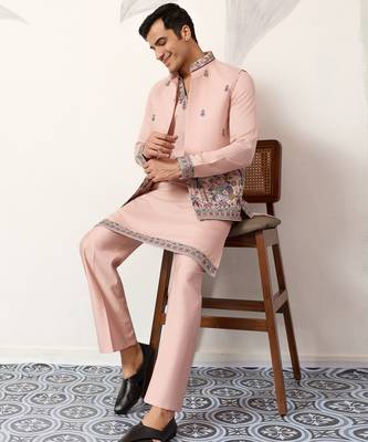 Peach viscose silk thread & sequence embroidered work kurta with dupatta 2