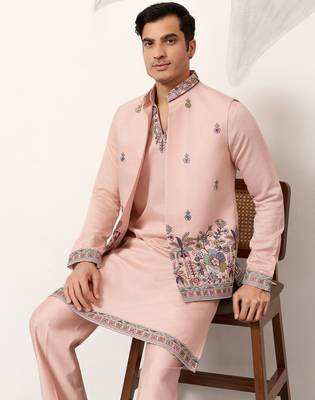Peach viscose silk thread & sequence embroidered work kurta with dupatta 3