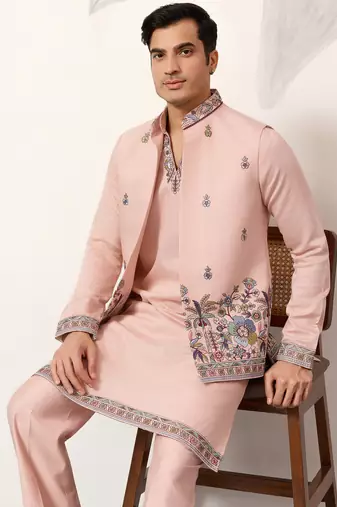Peach viscose silk thread & sequence embroidered work kurta with dupatta