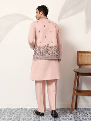 Peach viscose silk thread & sequence embroidered work kurta with dupatta 4