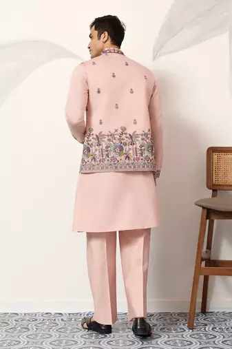 Peach viscose silk thread & sequence embroidered work kurta with dupatta