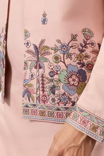 Peach viscose silk thread & sequence embroidered work kurta with dupatta