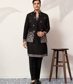 Black viscose silk thread & sequence embroidered work kurta with dupatta