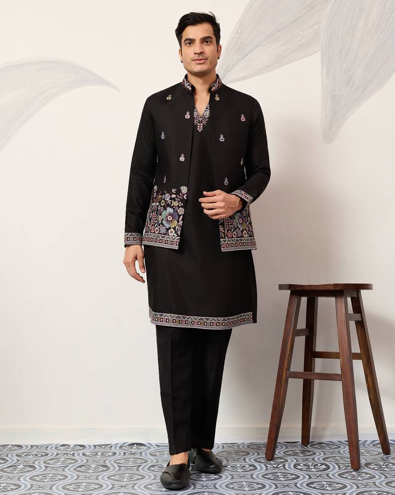 Black viscose silk thread & sequence embroidered work kurta with dupatta