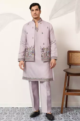 Dusty lavender viscose silk thread & sequence embroidered work kurta with dupatta