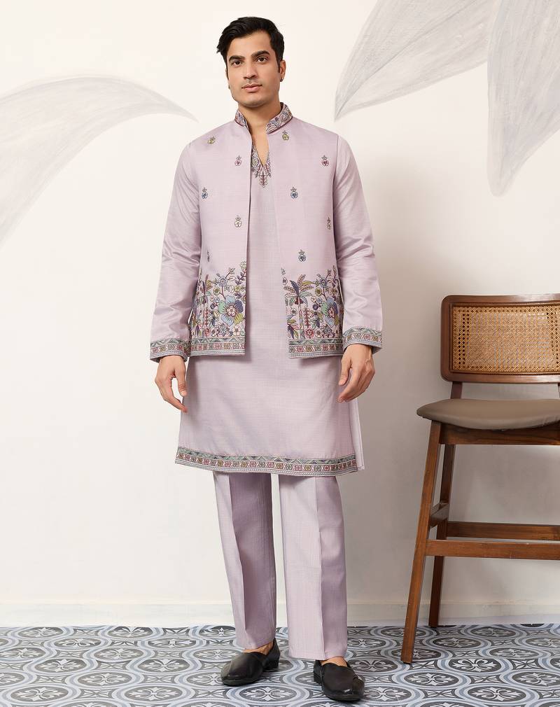 Dusty lavender viscose silk thread & sequence embroidered work kurta with dupatta