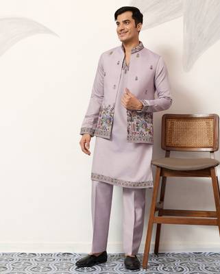 Dusty lavender viscose silk thread & sequence embroidered work kurta with dupatta 2