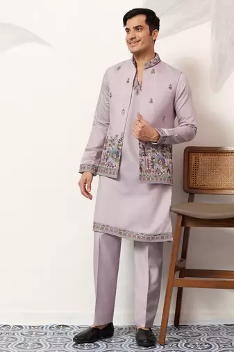 Dusty lavender viscose silk thread & sequence embroidered work kurta with dupatta