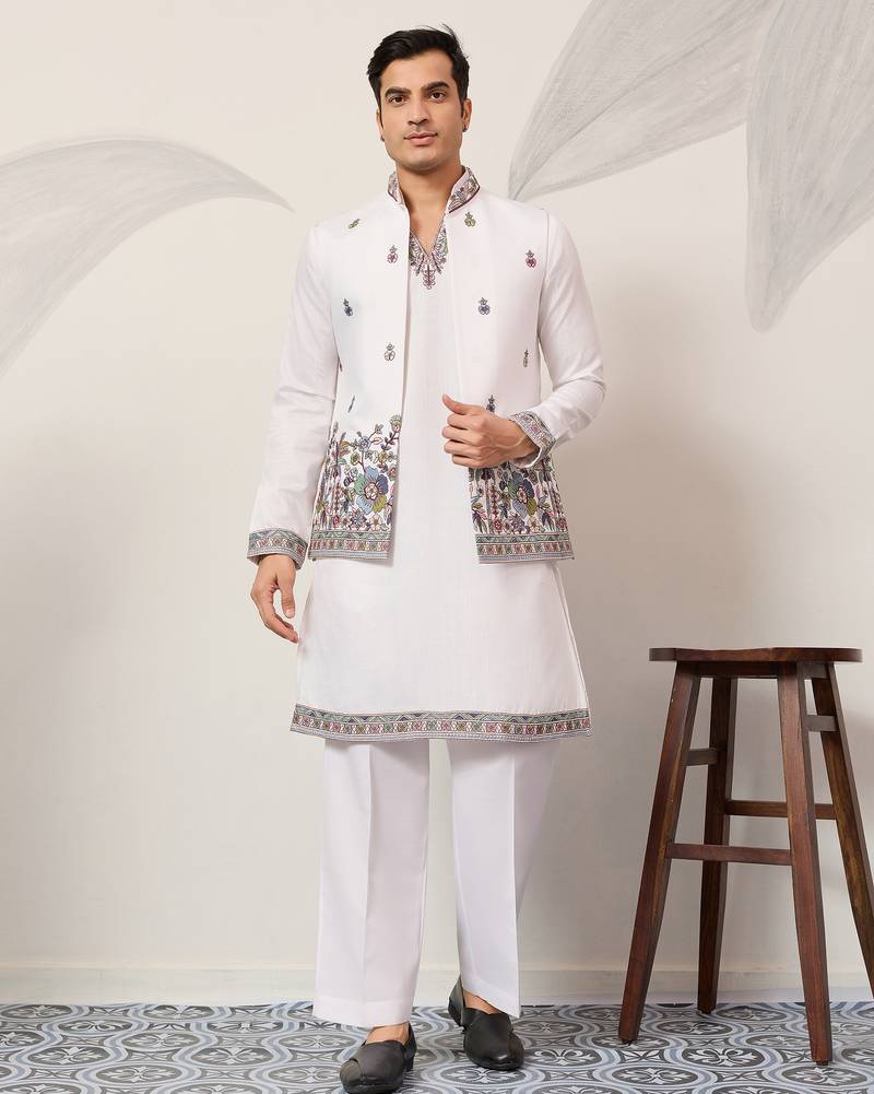 White viscose silk thread & sequence embroidered work kurta with dupatta