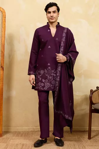 Maroon viscose silk thread & sequence embroidered work kurta with dupatta