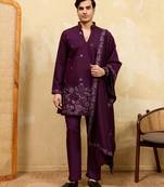 Maroon viscose silk thread & sequence embroidered work kurta with dupatta