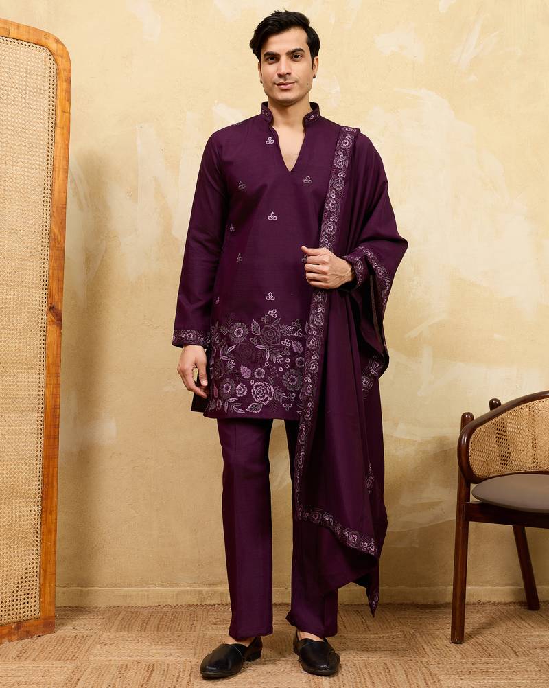Maroon viscose silk thread & sequence embroidered work kurta with dupatta