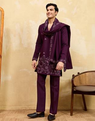 Maroon viscose silk thread & sequence embroidered work kurta with dupatta 2