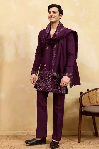 Maroon viscose silk thread & sequence embroidered work kurta with dupatta