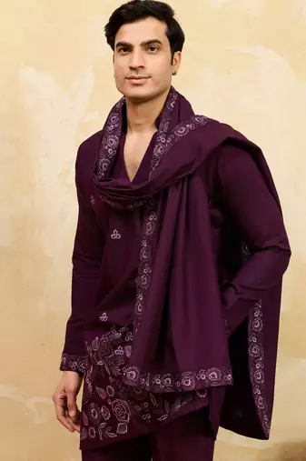 Maroon viscose silk thread & sequence embroidered work kurta with dupatta