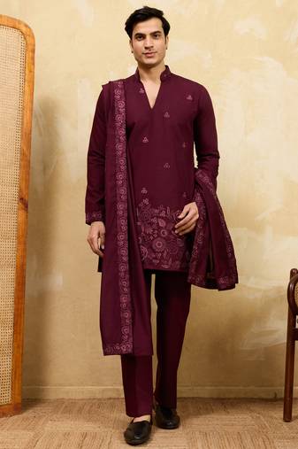 Purple viscose silk thread & sequence embroidered work kurta with dupatta