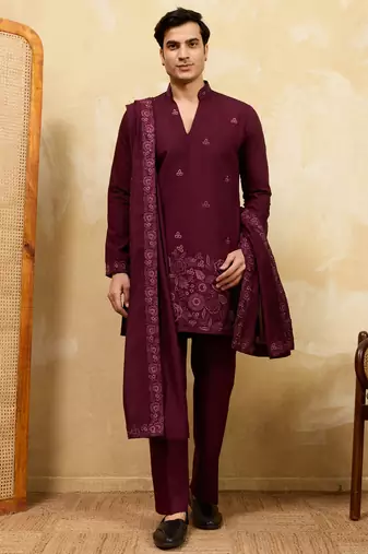 Purple viscose silk thread & sequence embroidered work kurta with dupatta