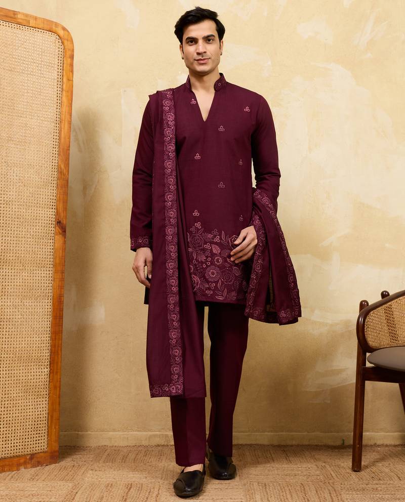 Purple viscose silk thread & sequence embroidered work kurta with dupatta