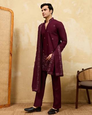 Purple viscose silk thread & sequence embroidered work kurta with dupatta 2
