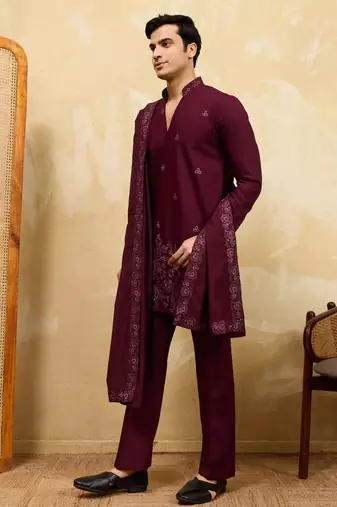 Purple viscose silk thread & sequence embroidered work kurta with dupatta