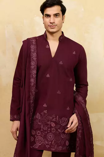 Purple viscose silk thread & sequence embroidered work kurta with dupatta