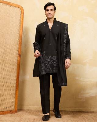 Black viscose silk thread & sequence embroidered work kurta with dupatta 1