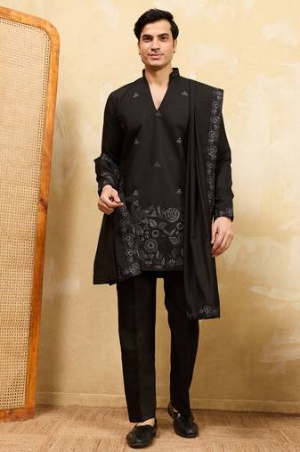 Black viscose silk thread & sequence embroidered work kurta with dupatta