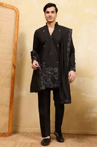Black viscose silk thread & sequence embroidered work kurta with dupatta