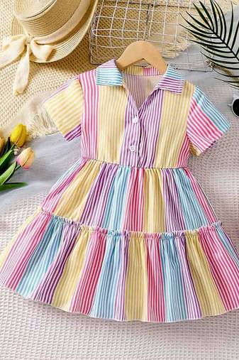 Multicolor striped printed cotton shirt collar fit & flare kids dress