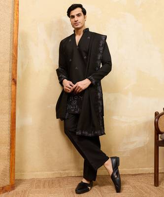 Black viscose silk thread & sequence embroidered work kurta with dupatta 2