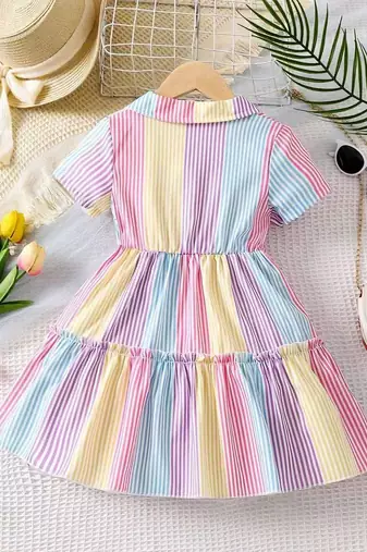 Multicolor striped printed cotton shirt collar fit & flare kids dress
