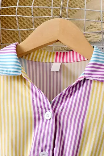 Multicolor striped printed cotton shirt collar fit & flare kids dress